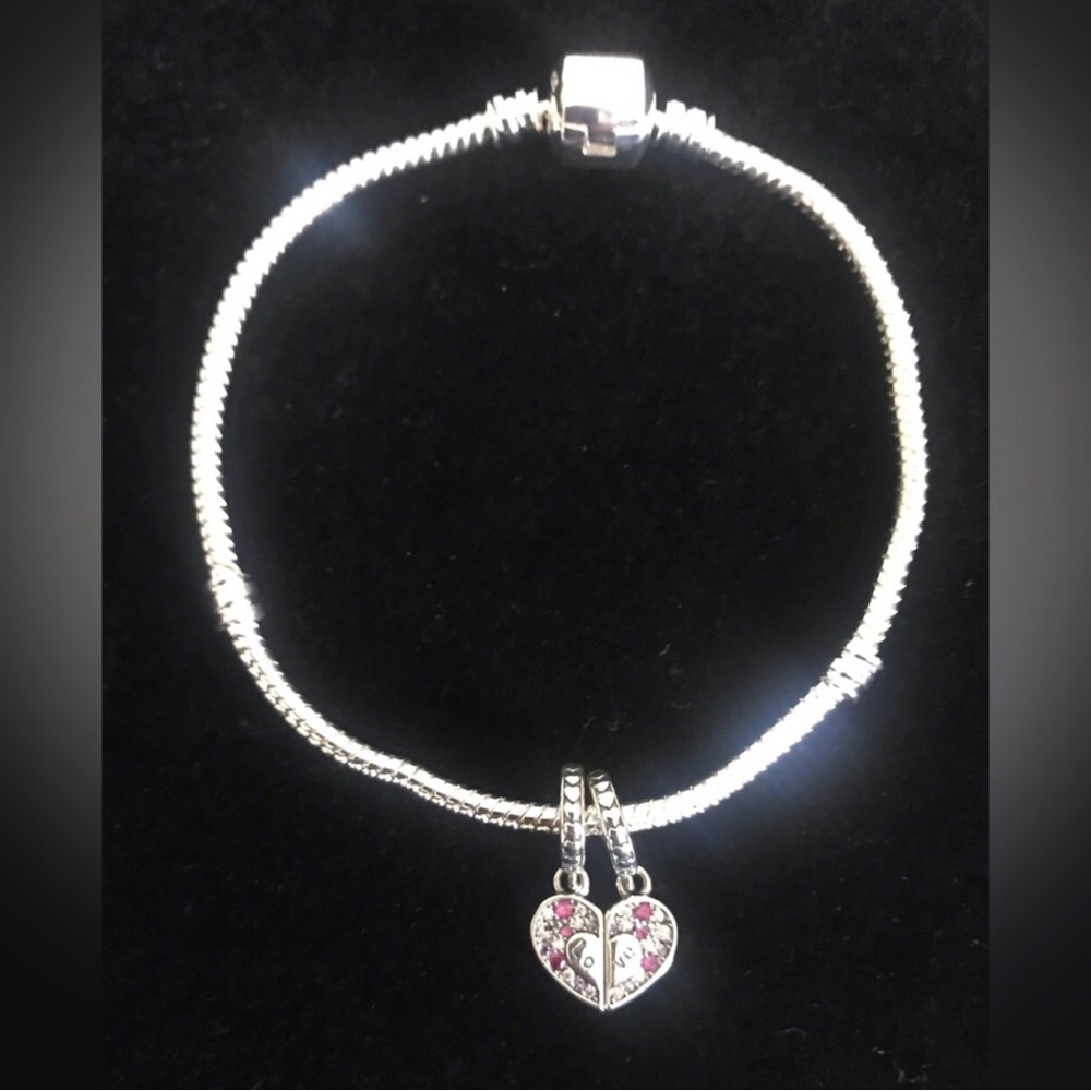 Sterling Silver Heart Love Mother Daughter Charm Bracelet with Pink Accents